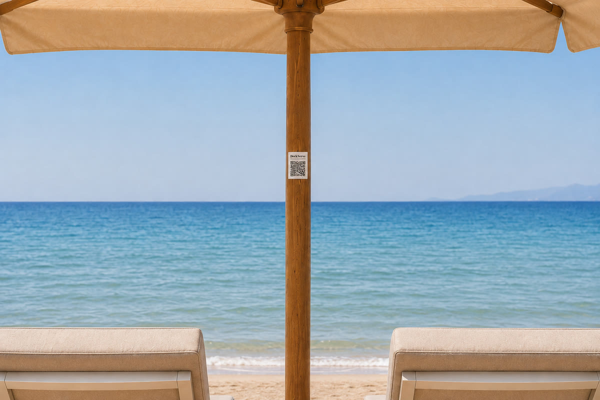 A DeckServe QR card on a beach parasol pole between two sunbeds facing the sea