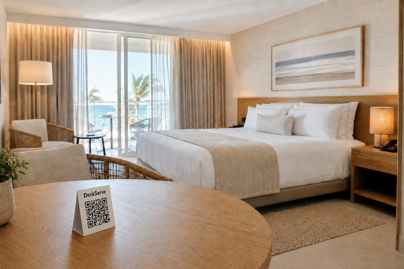 A hotel room with a DeckServe QR card on the table and a sea-view balcony beyond